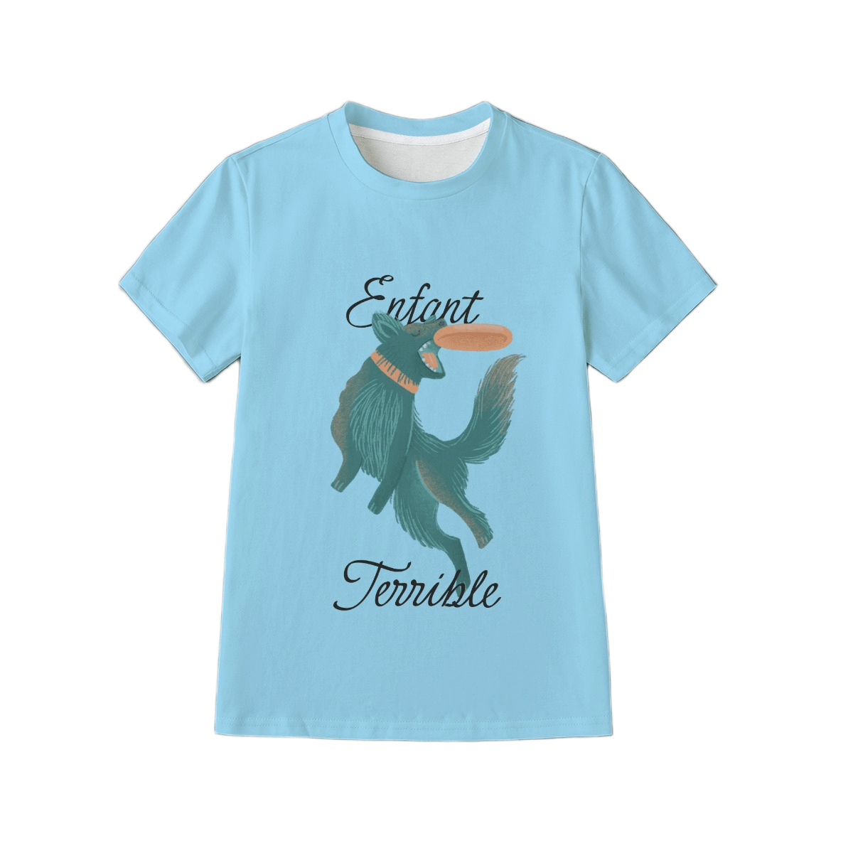 Light blue t-shirt with a graphic of a dog and text on a white background