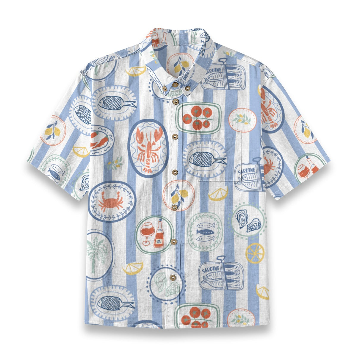 Back view of the Mediterranean Banquet Shirt with seaside feast print