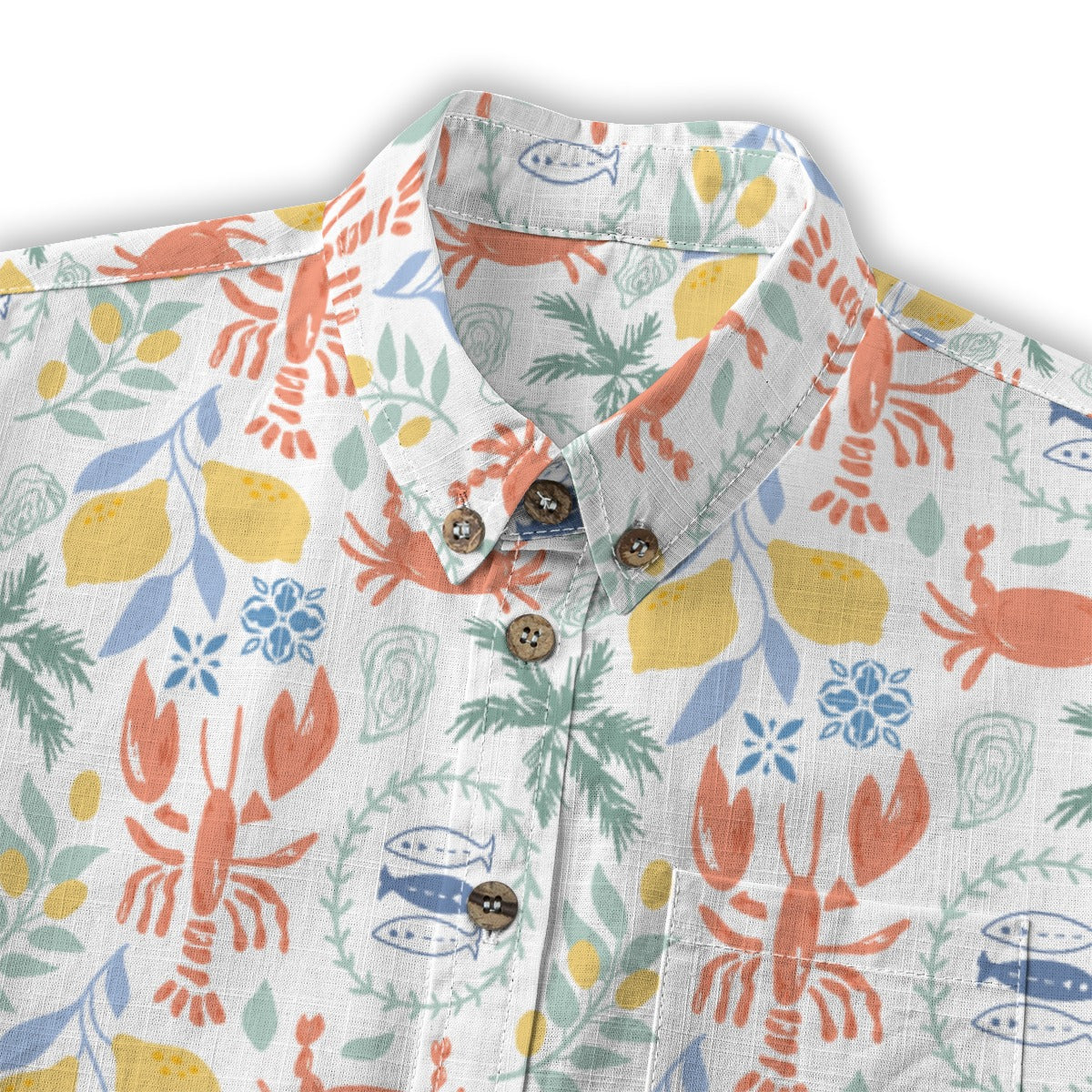 Lobster and Lemon Shirt collar and buttons with coral and yellow seafood print