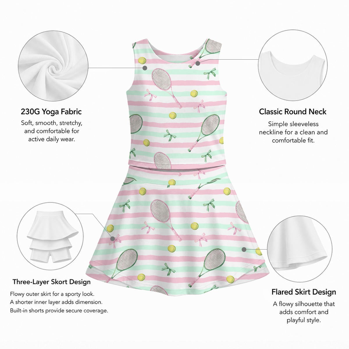 Pink and Mint Stripe Girls Tennis Set