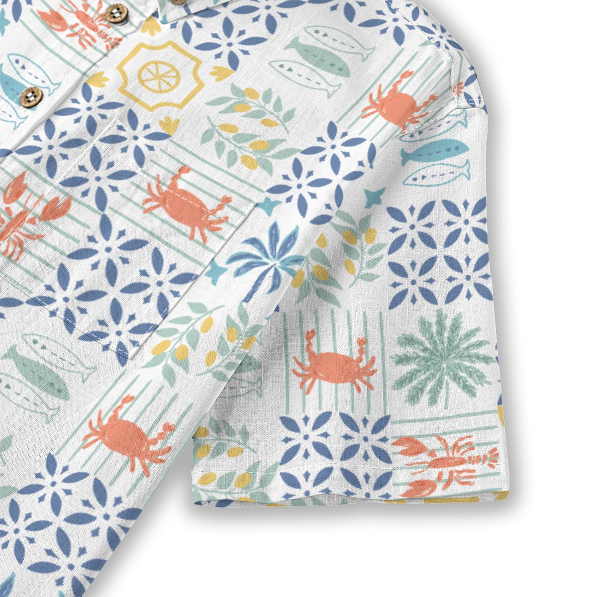 Crab Tile Shirt sleeve detail with crabs, palm trees and blue tiles