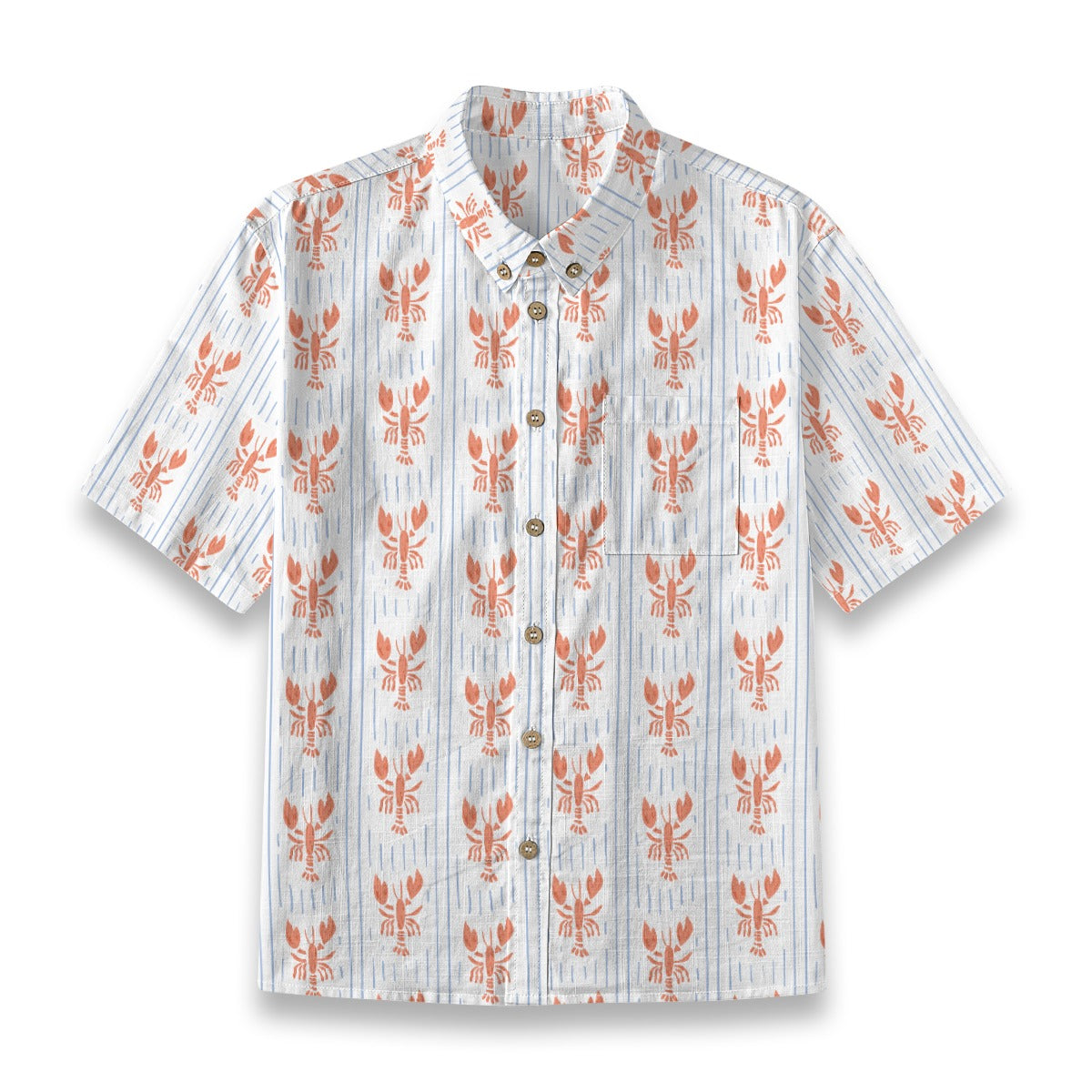 Short-sleeve shirt with lobster pattern on a white background