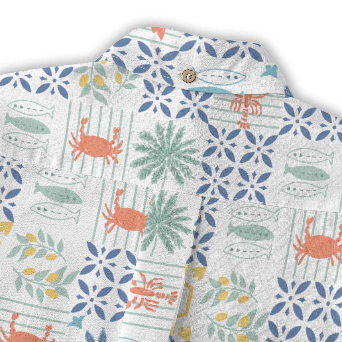 Crab Tile Shirt shoulder detail with crabs, fish and palm tree tiles