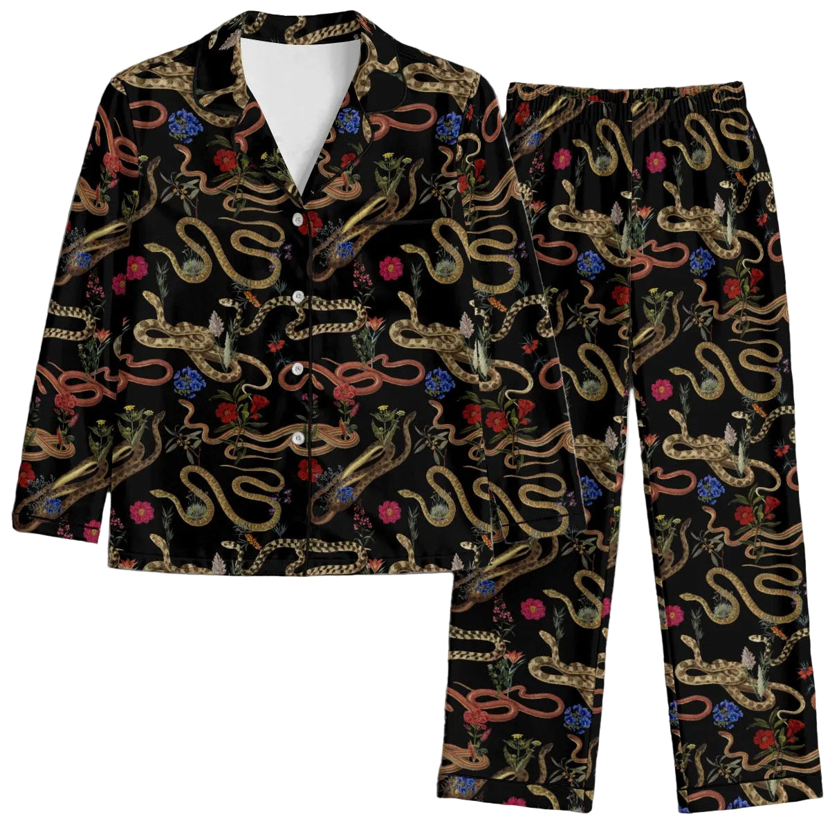 Patterned shirt and pants set with snake and floral design on a white background