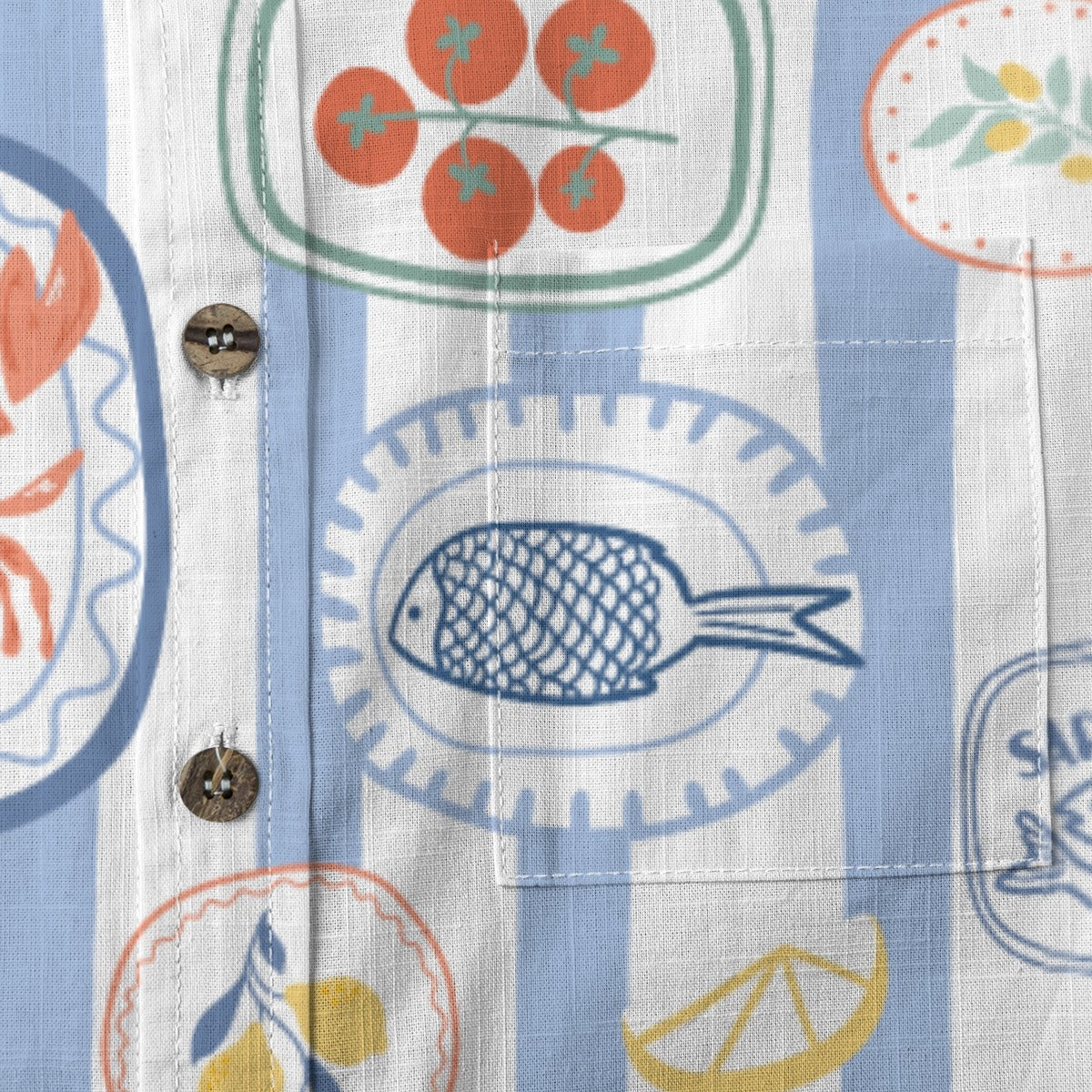 Mediterranean Banquet Shirt pocket detail with tomato plate and blue fish