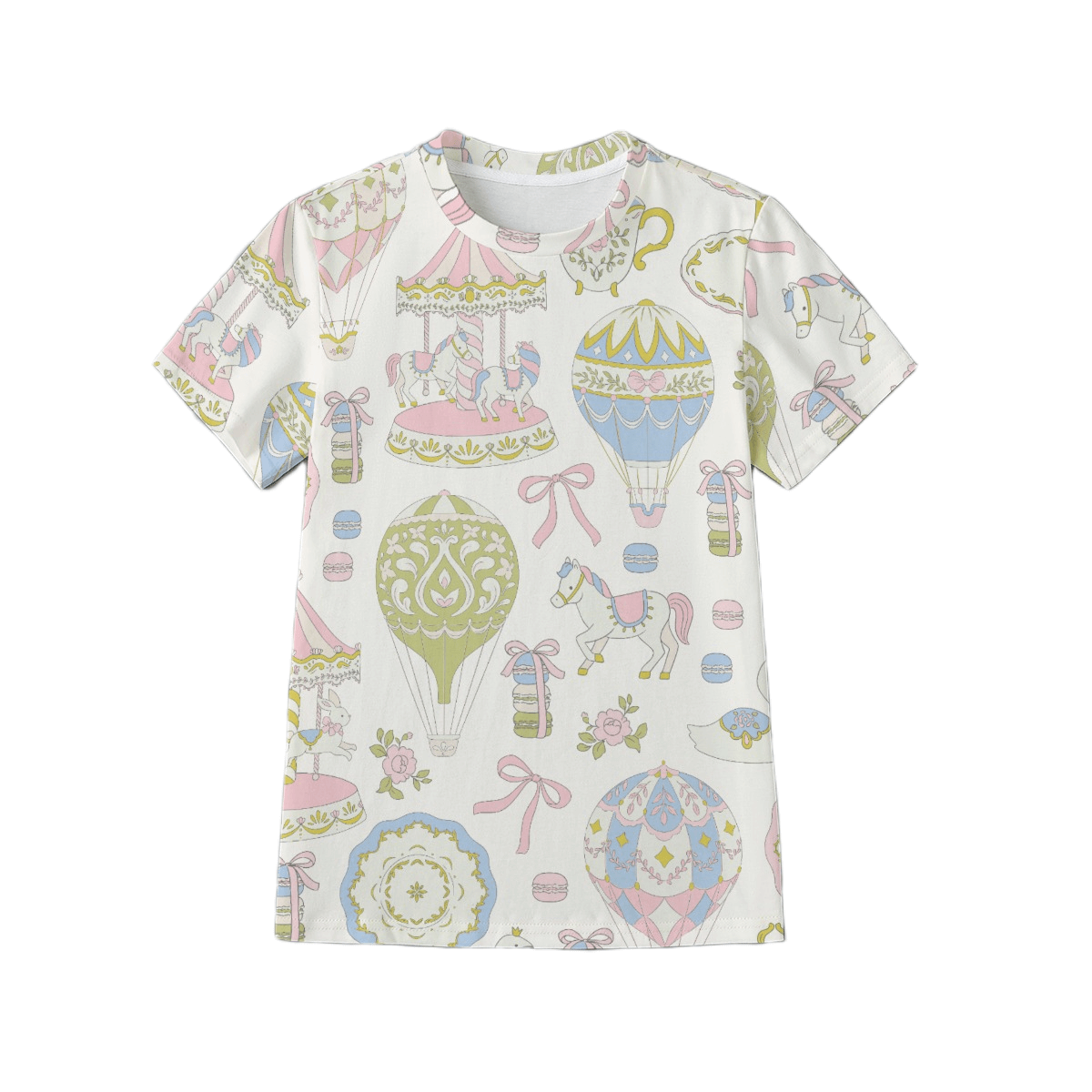 Children's t-shirt with colorful carousel and hot air balloon pattern on a white background