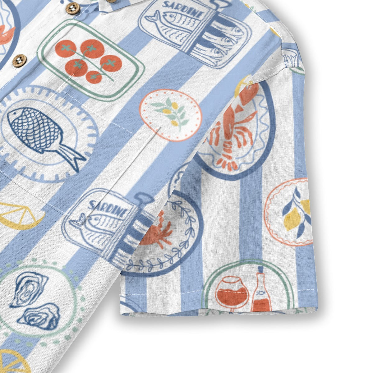 Mediterranean Banquet Shirt sleeve detail with sardine tin and seafood plates