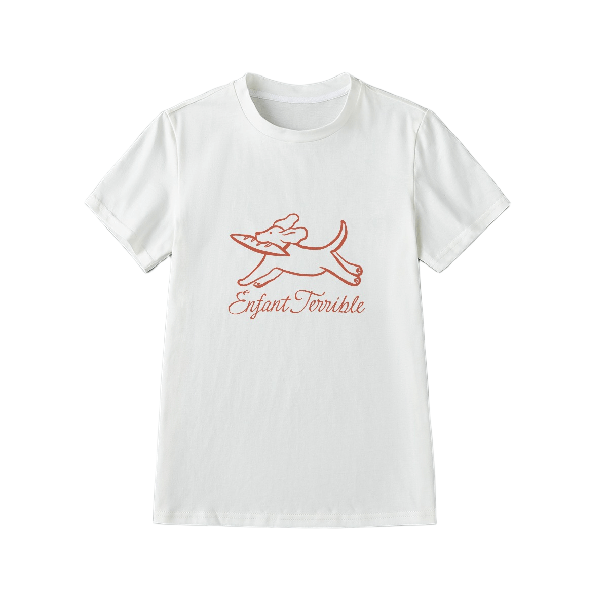 White t-shirt with red graphic and text 'Enfant Terrible' on a white background