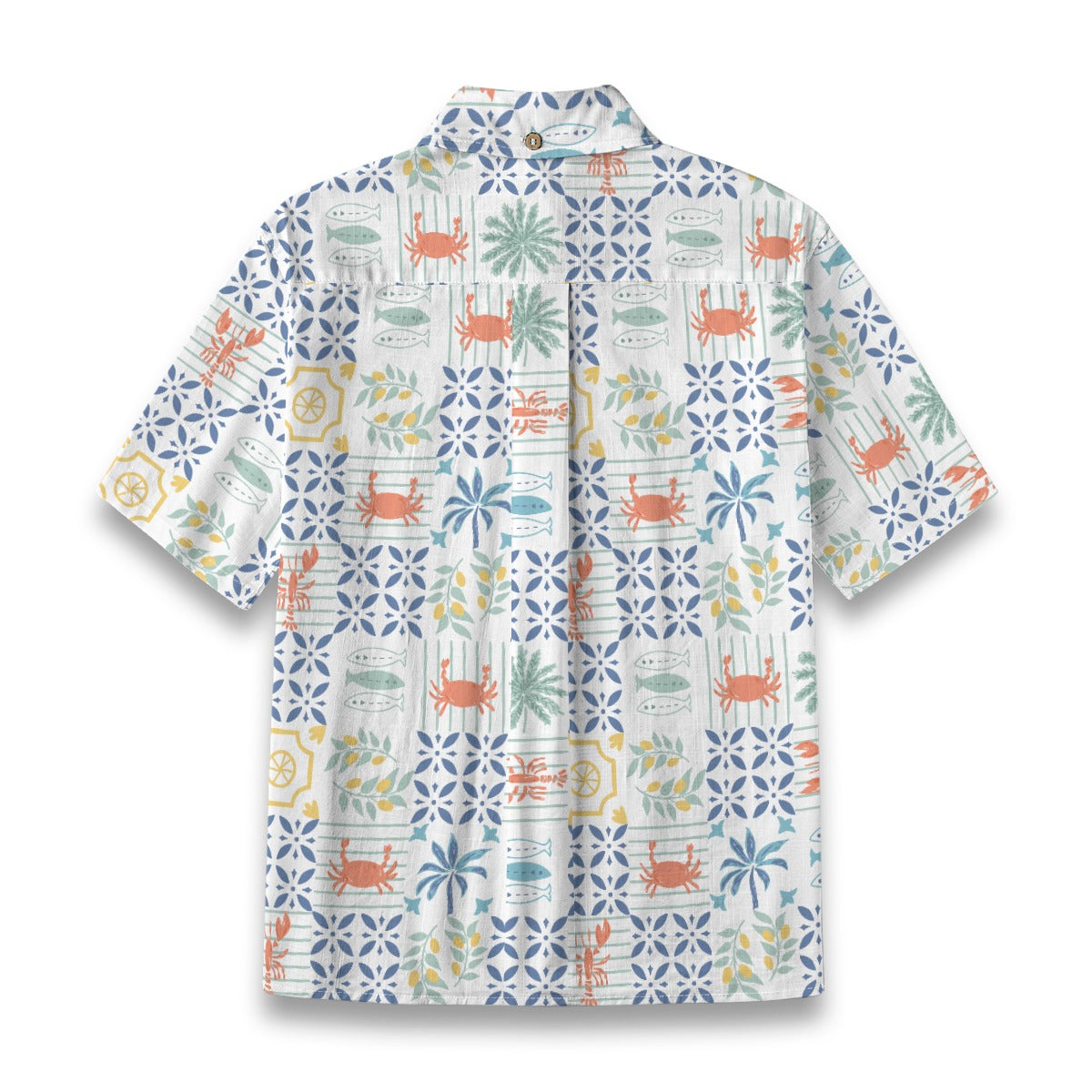 Back view of the Crab Tile Shirt with all-over seaside tile print