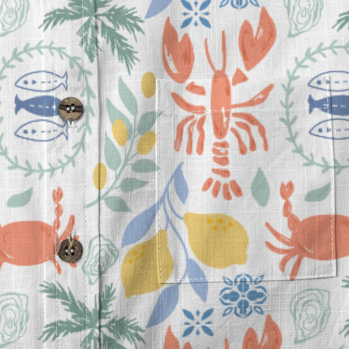 Lobster and Lemon Shirt pocket detail with coral lobster and crab