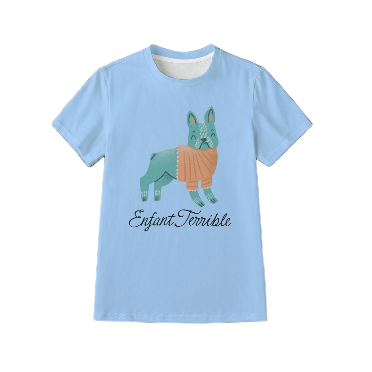 Light blue t-shirt with a dog graphic and 'Enfant Terrible' text on a white background