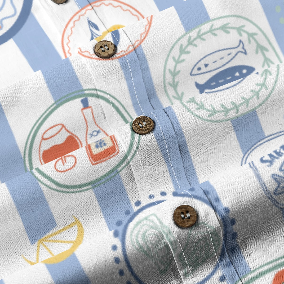 Close-up of the Mediterranean Banquet Shirt buttons with fish plate and lemon illustrations