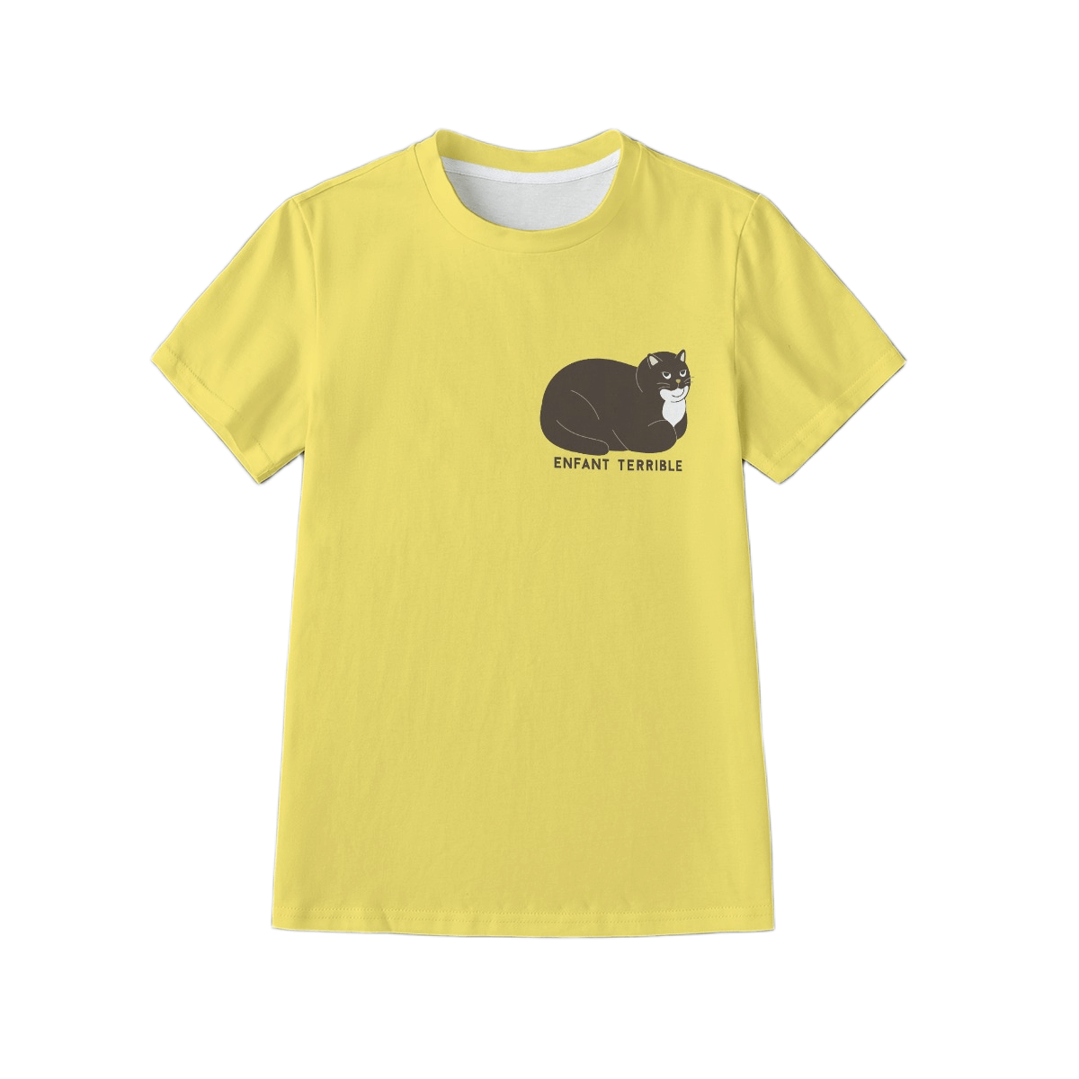 Yellow t-shirt with a black cat graphic and 'Enfant Terrible' text on a white background