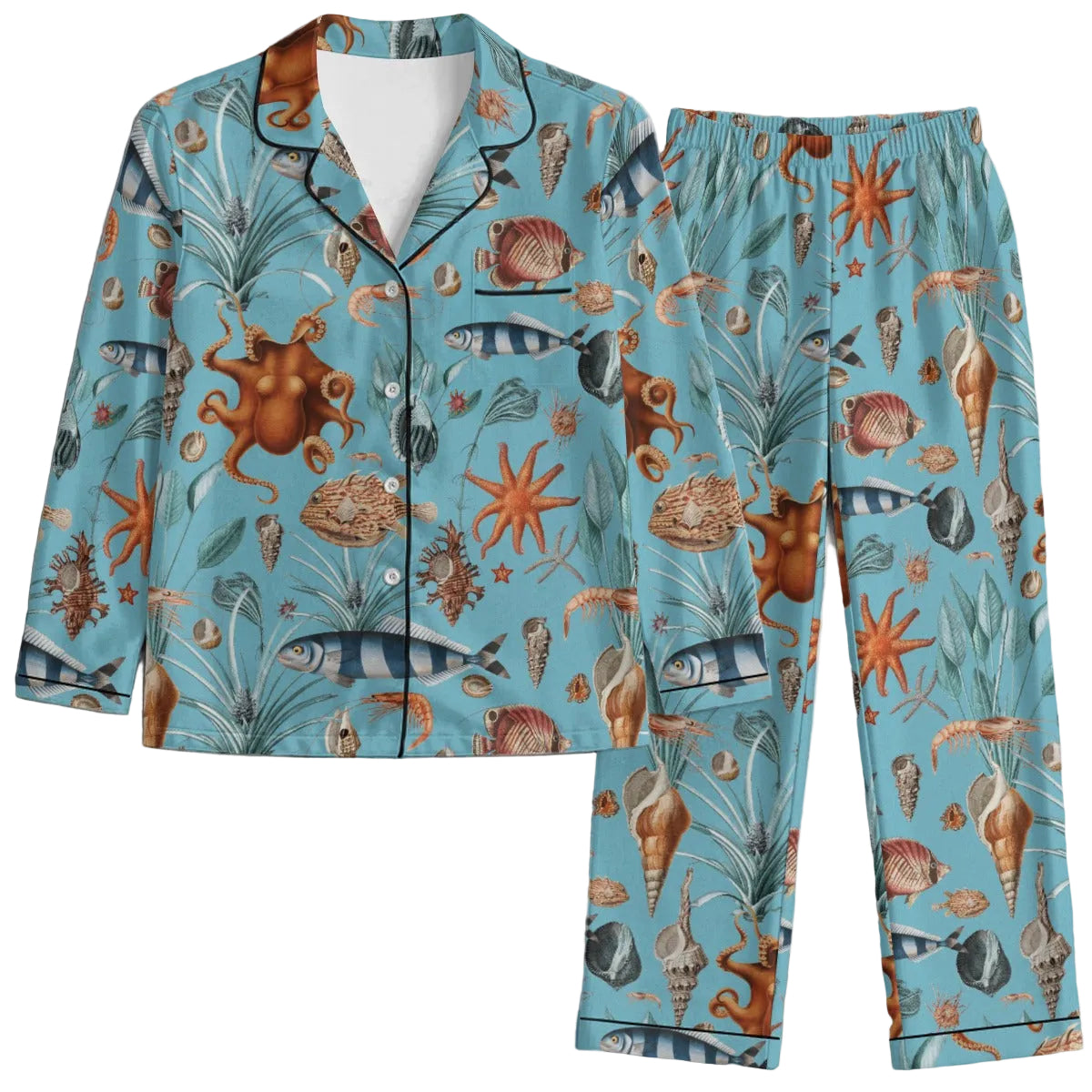 Pajama set with ocean-themed design on a white background