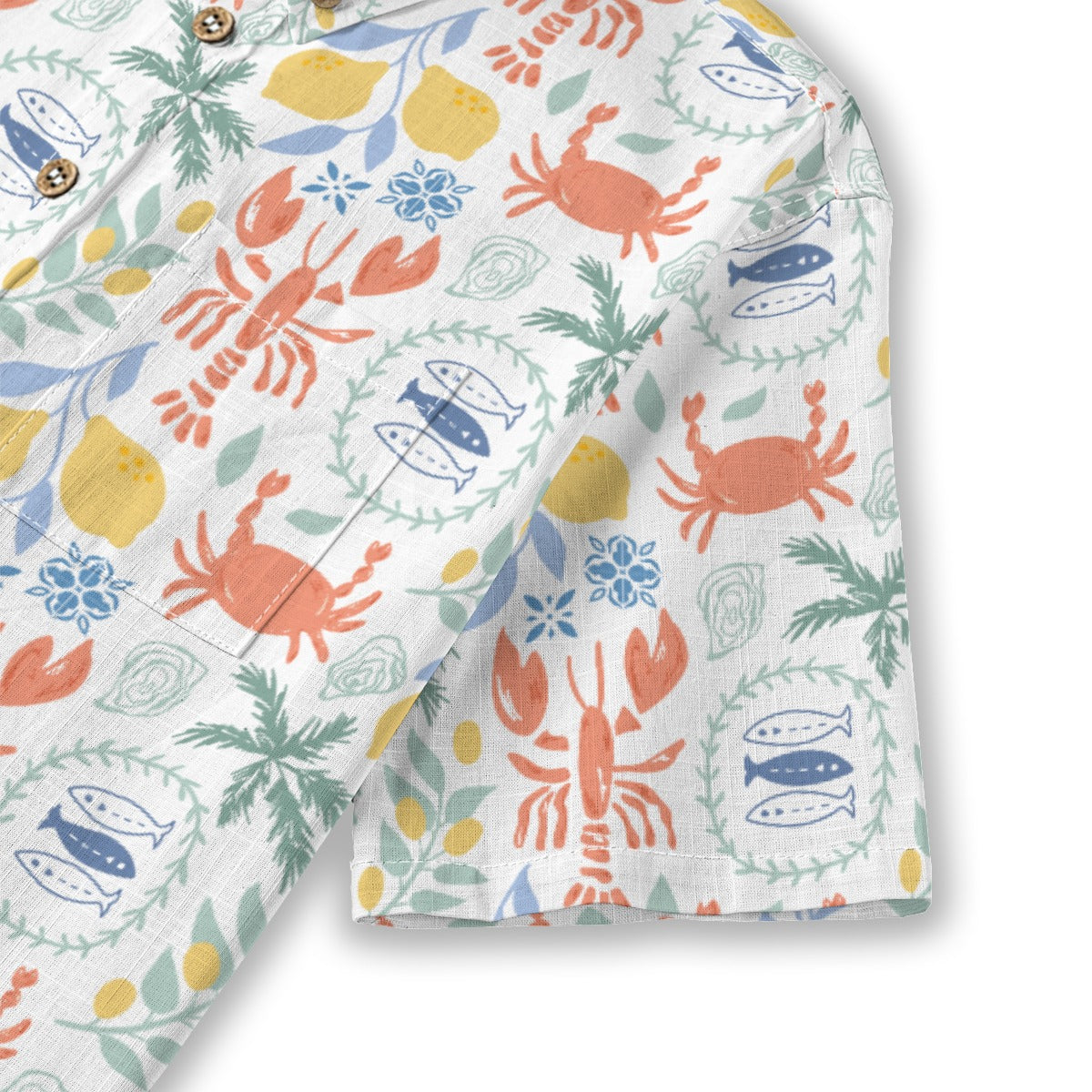 Lobster and Lemon Shirt sleeve detail with crabs, lemons and palm leaves