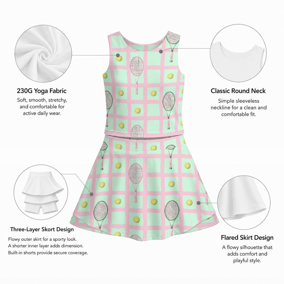 Pink and Mint Checkered Girls Tennis Set