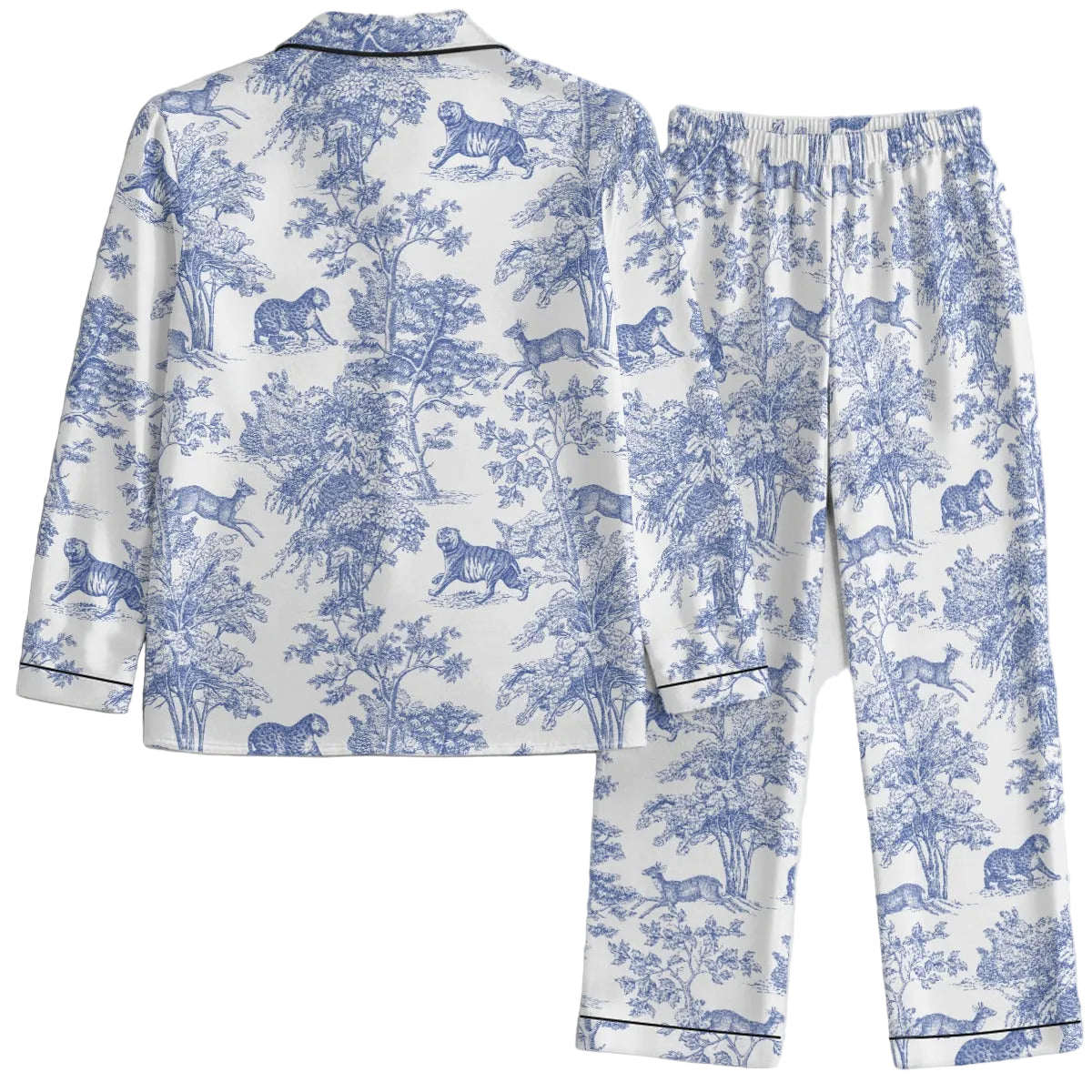Blue and white toile pajama set with animal pattern on a light gray background