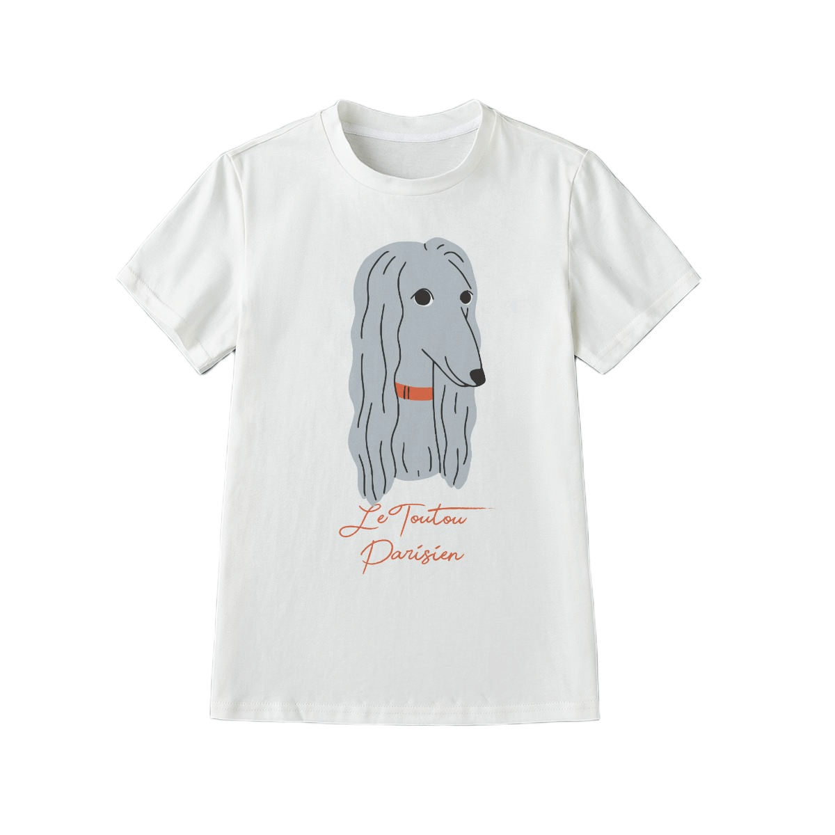 White t-shirt with a dog illustration and text on a white background