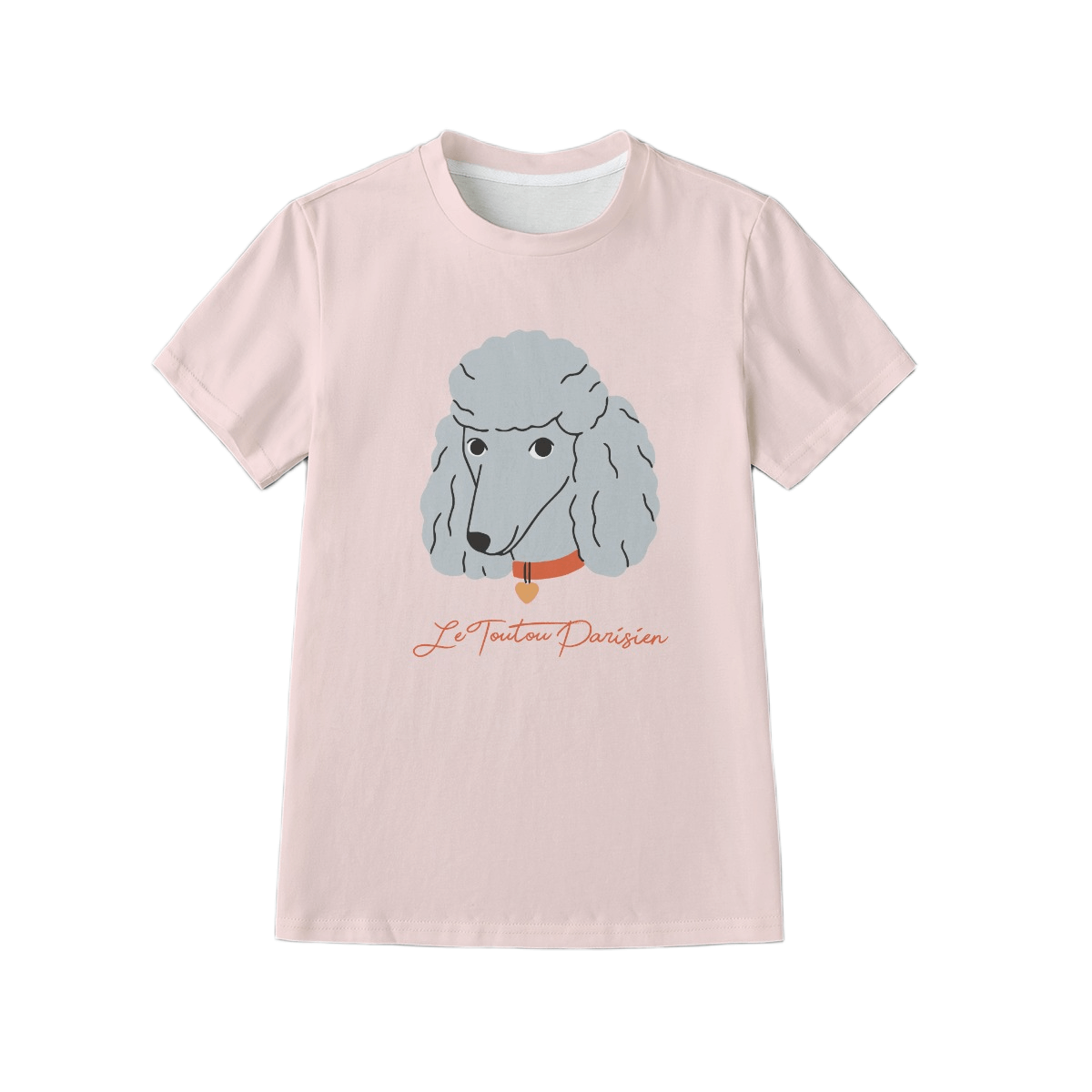Pink t-shirt with a dog graphic and 'Le Toutou Parisien' text on a white background