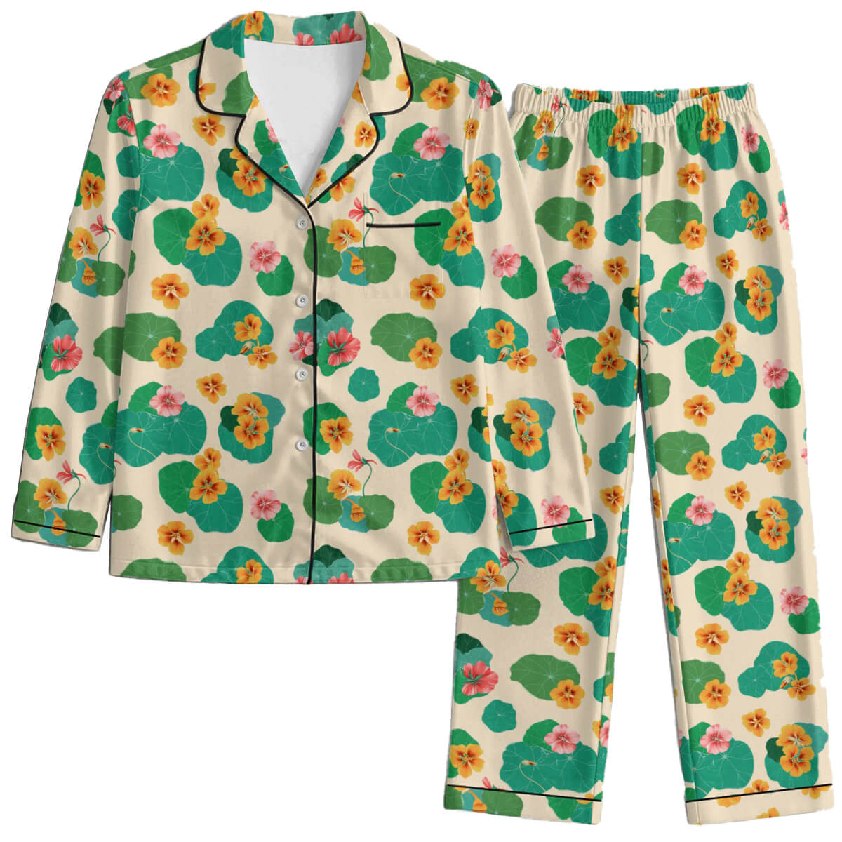 Floral pajama set with green, yellow, and pink flowers on a white background