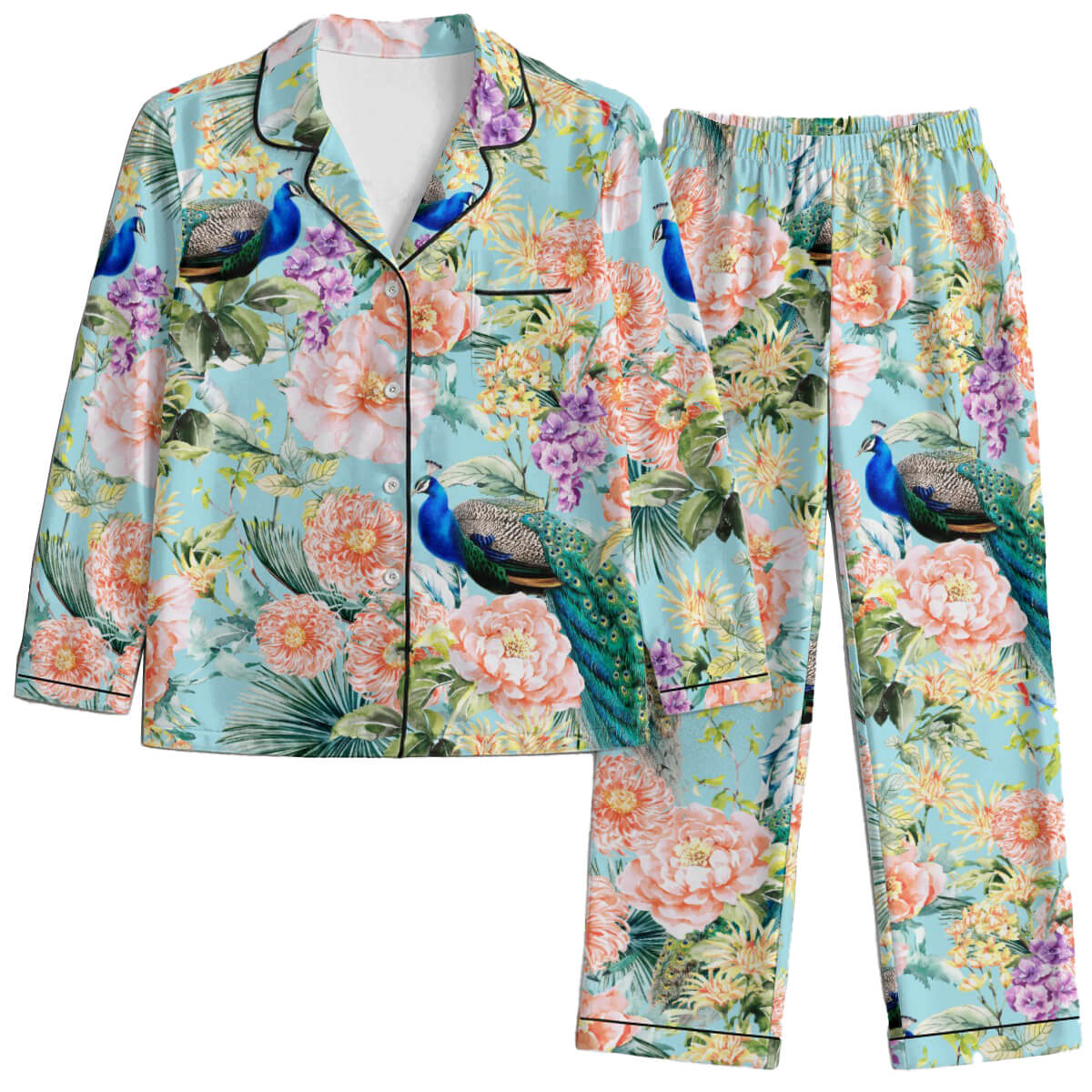 Floral and peacock print pajama set on a white background