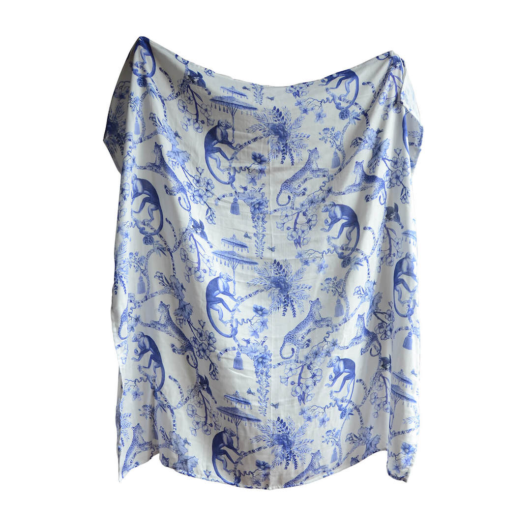 cherry blossom swaddle, leopard swaddle, leopard baby swaddle, blue and white baby blanket, white and blue swaddle, extra large baby swaddle, leopard muslin swaddle, monkey swaddle blanket