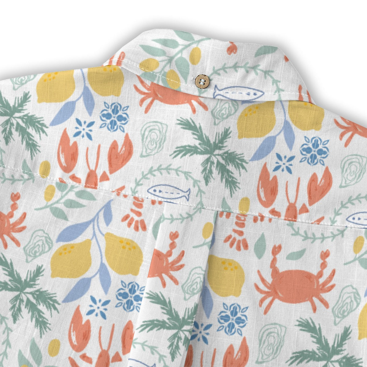 Close-up of the Lobster and Lemon Shirt shoulder with lemons and lobsters