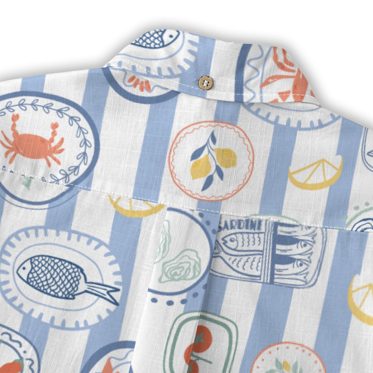 Close-up of the Mediterranean Banquet Shirt shoulder with crab and fish plates