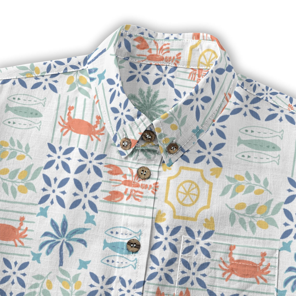 Close-up of the Crab Tile Shirt collar with lemon, crab and lobster tiles