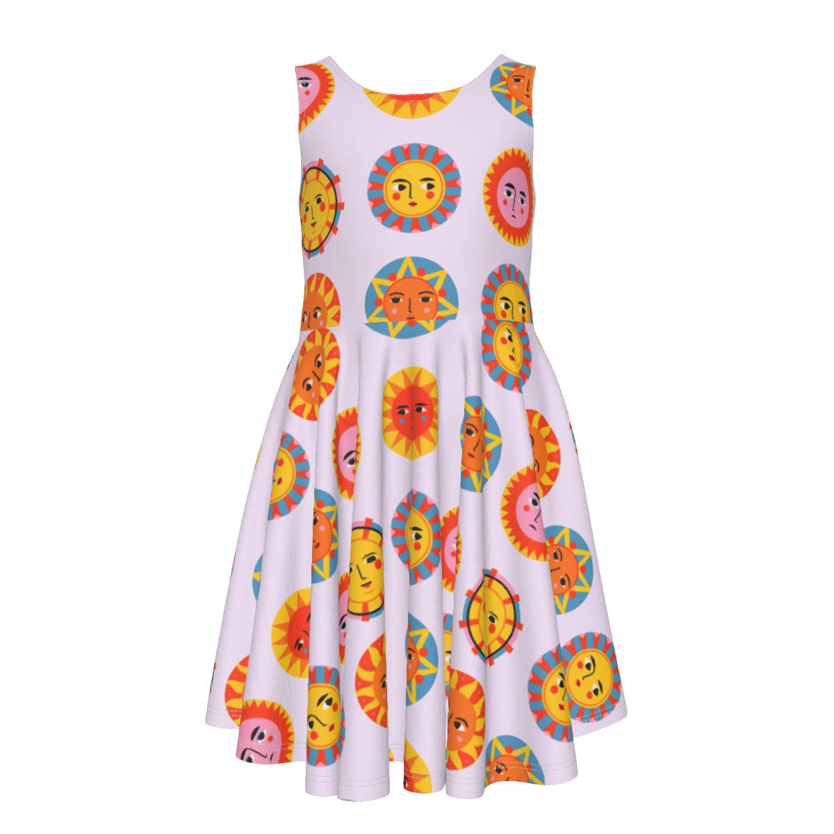 White dress with colorful sun pattern on a white background