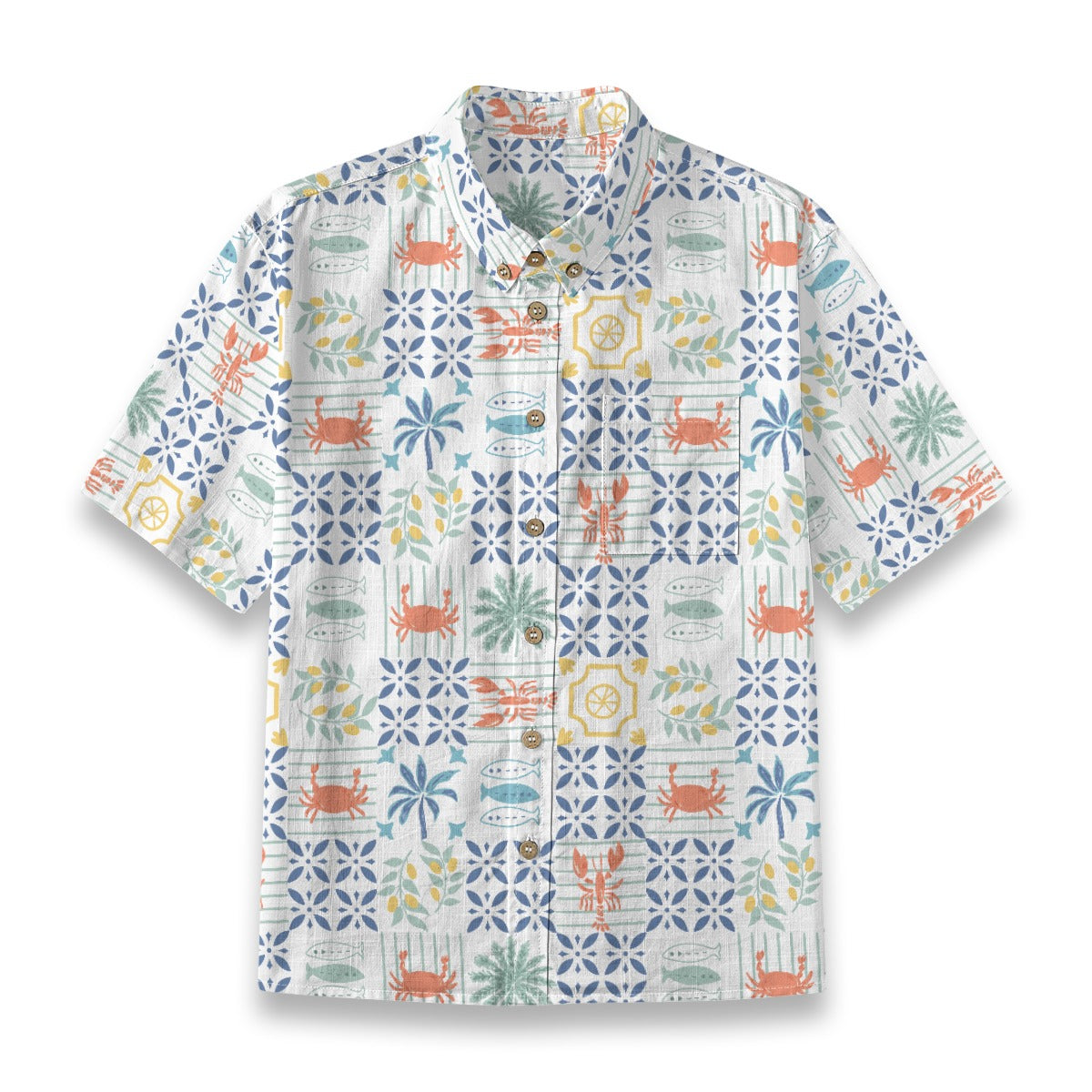Crab Tile Shirt flat lay, boys shirt with Provençal tile print of crabs, fish, palms and lemons