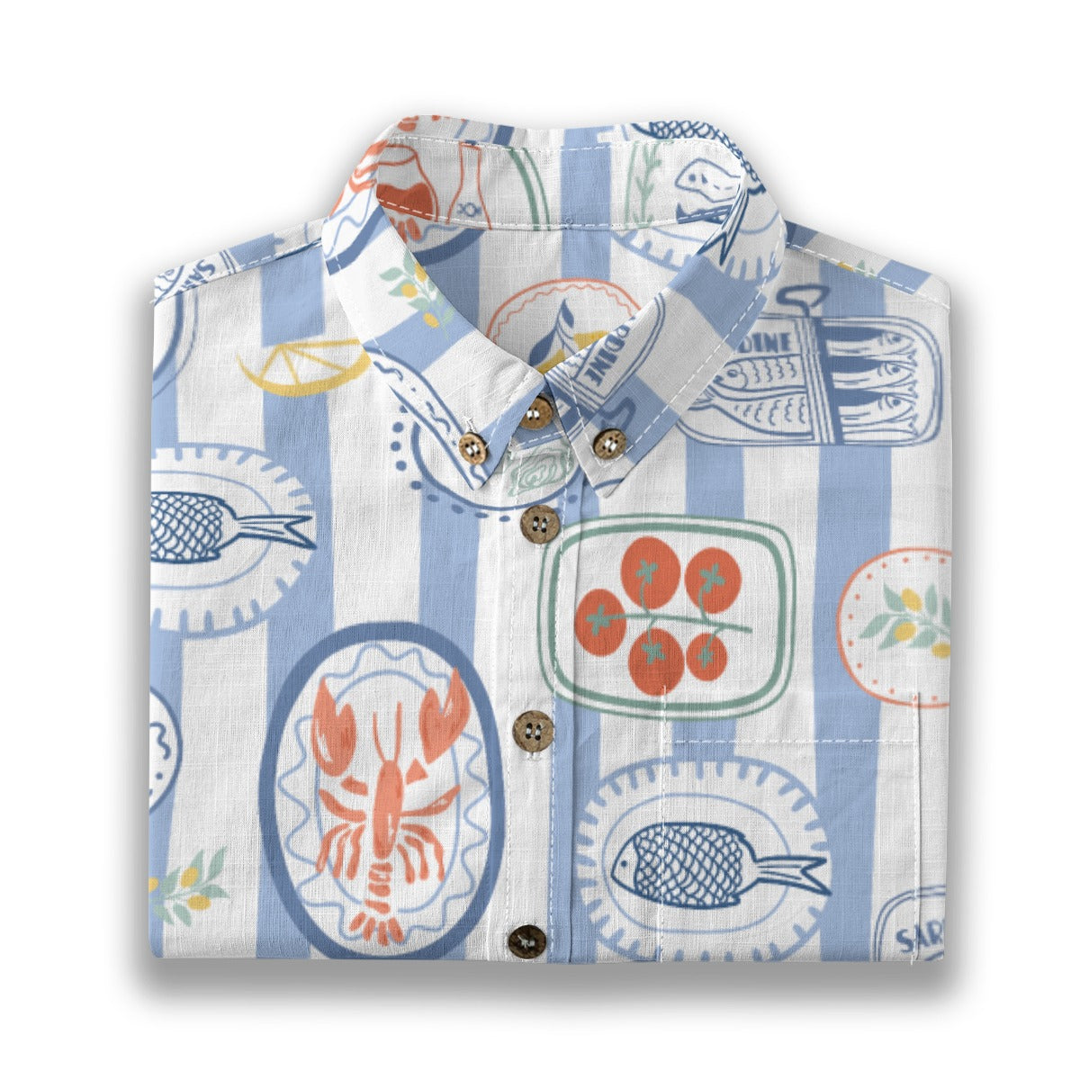 Mediterranean Banquet Shirt folded, showing lobster, fish and tomato plates on blue stripes