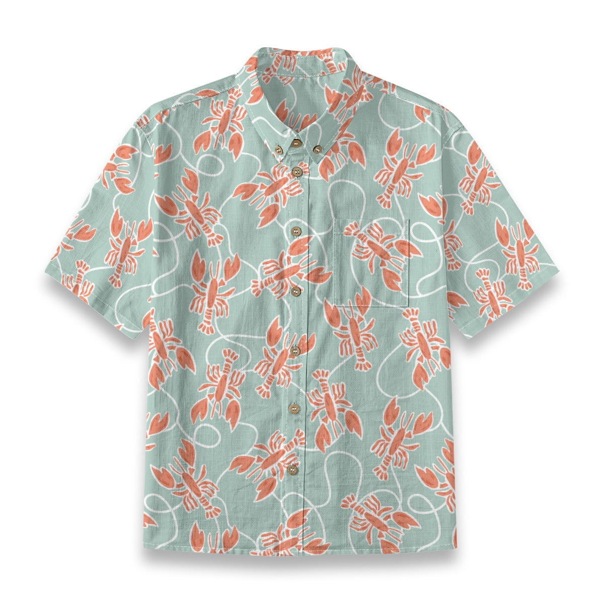 Lobster Fishing Shirt flat lay, sage green boys shirt with coral lobsters and white fishing line print