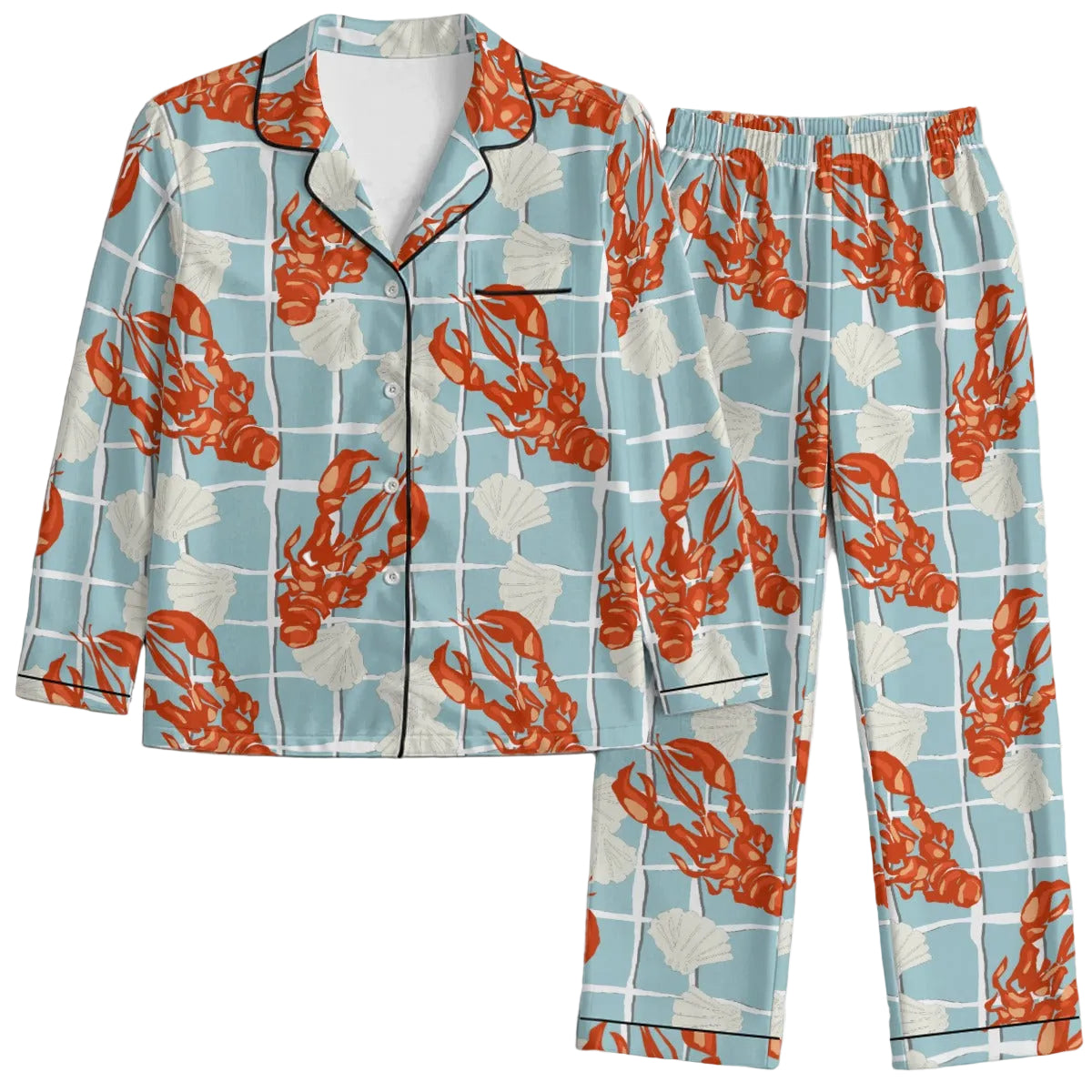 Pajama set with lobster pattern on a light blue background