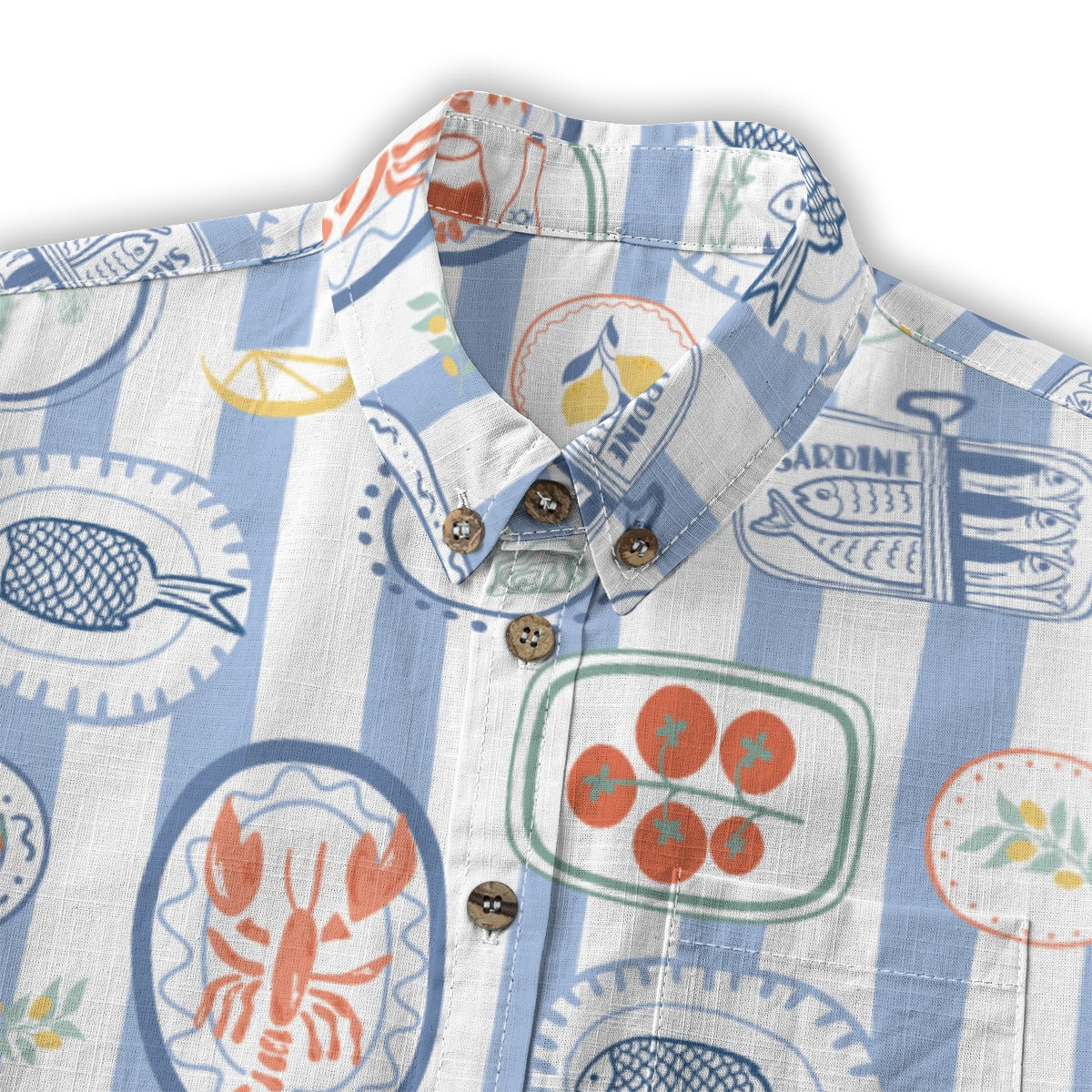 Mediterranean Banquet Shirt collar and buttons with sardines and tomatoes