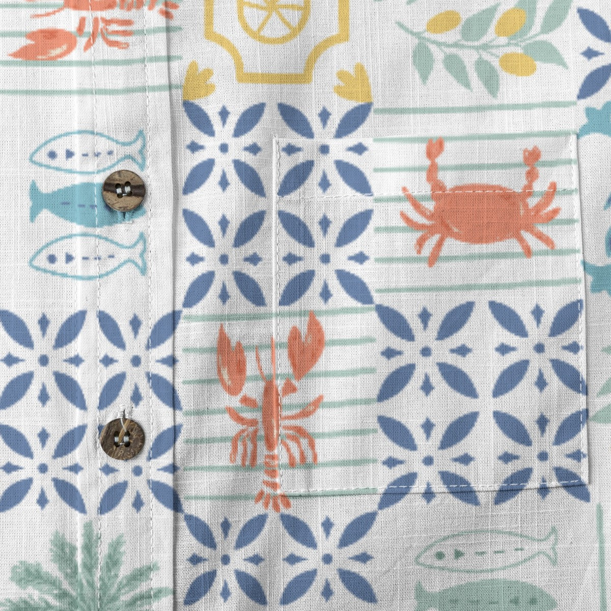 Close-up of the Crab Tile Shirt pocket with crab, lobster and fish tile print