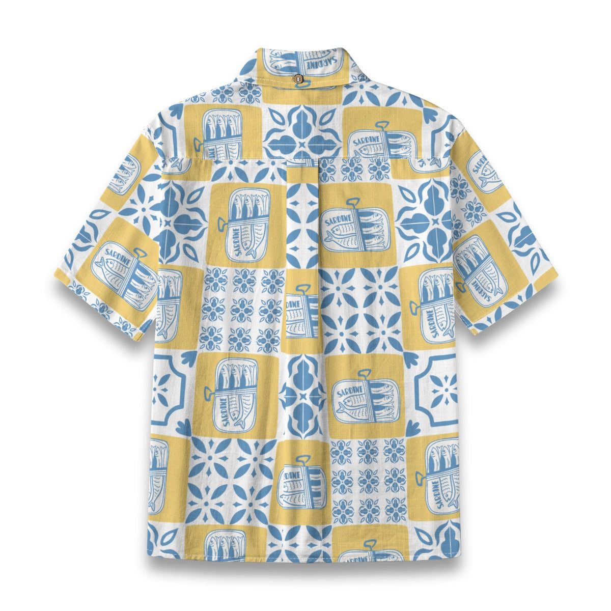 Sardine Shirt flat lay, boys shirt with yellow and blue tiles and vintage sardine tin print