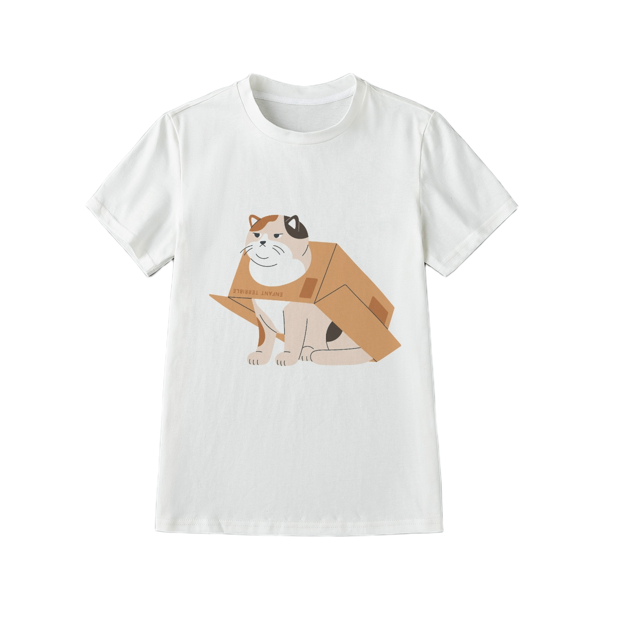 White t-shirt with a cartoon cat design on a white background