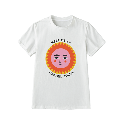 White t-shirt with a sun graphic and text on a white background