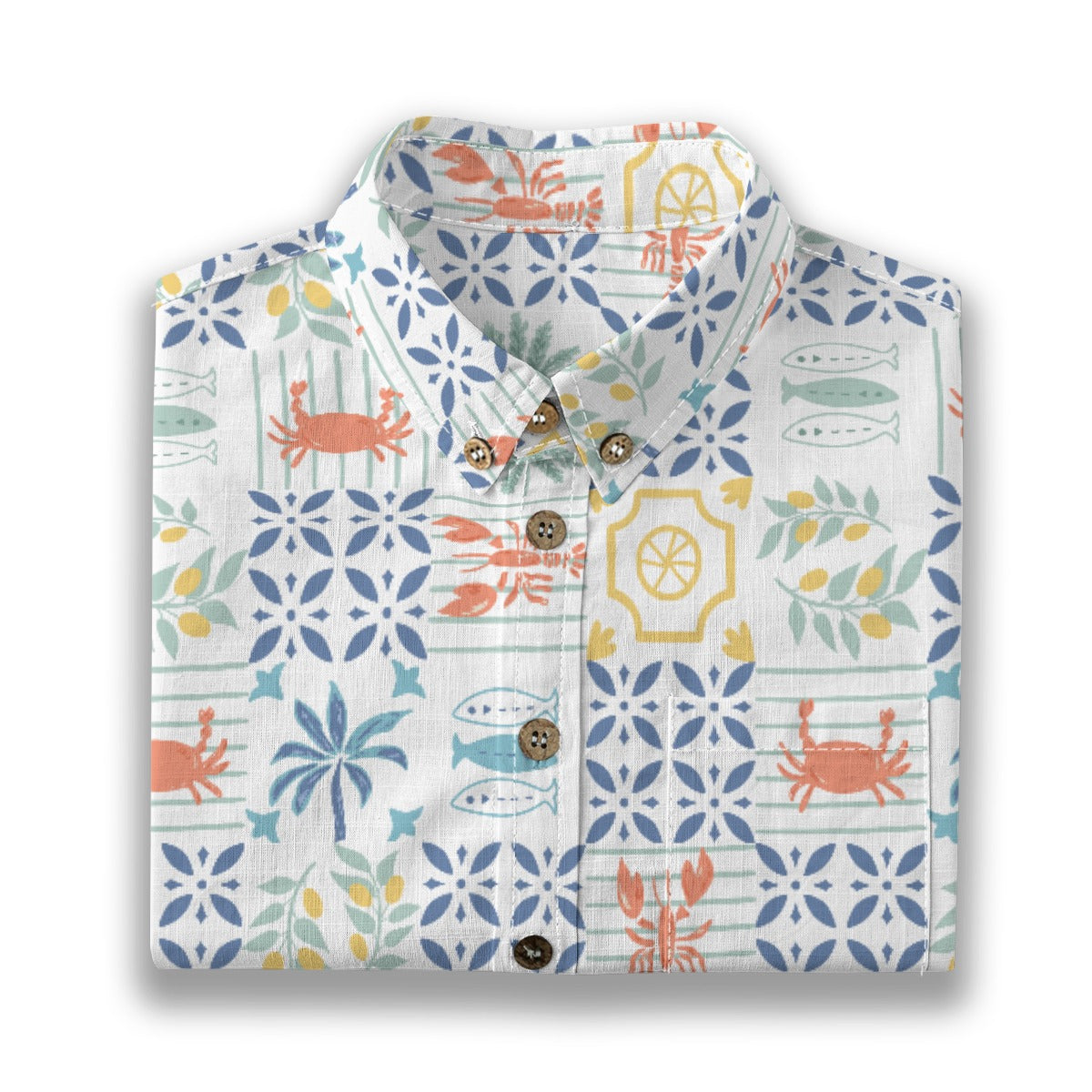 Crab Tile Shirt folded, white boys shirt with blue and coral Mediterranean tile print