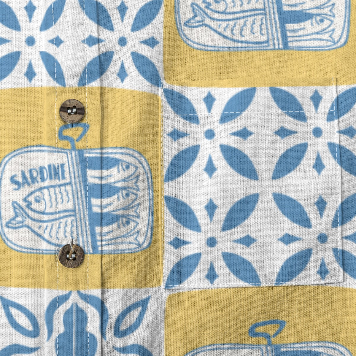 Sardine Shirt pocket detail with sardine tin and blue floral tile