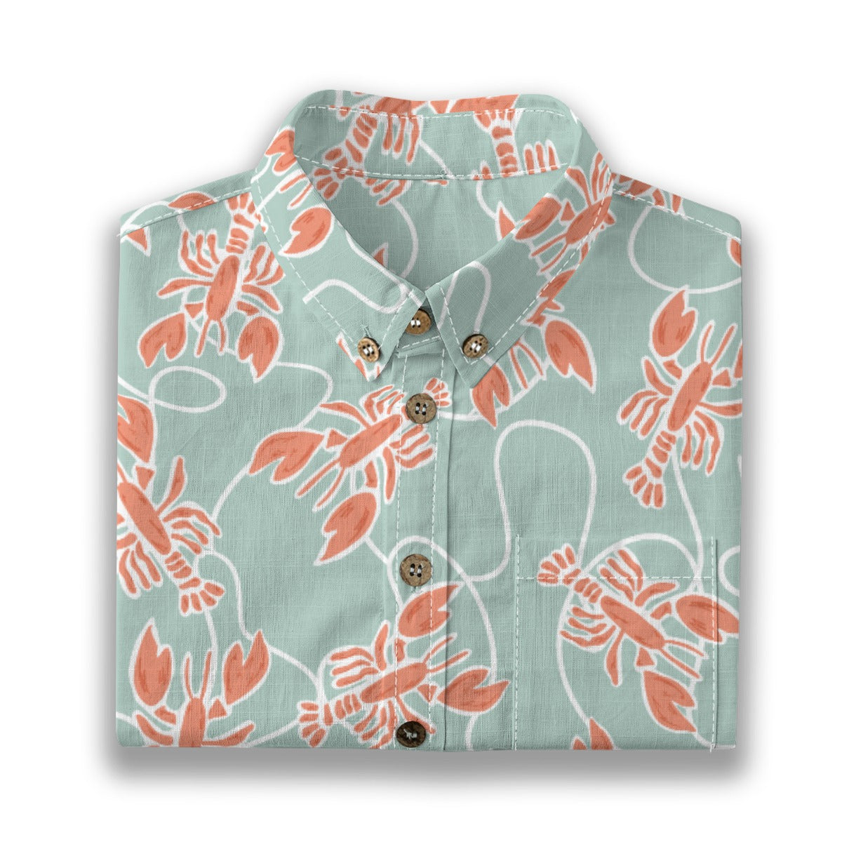 Lobster Fishing Shirt folded, showing the coral and sage green print