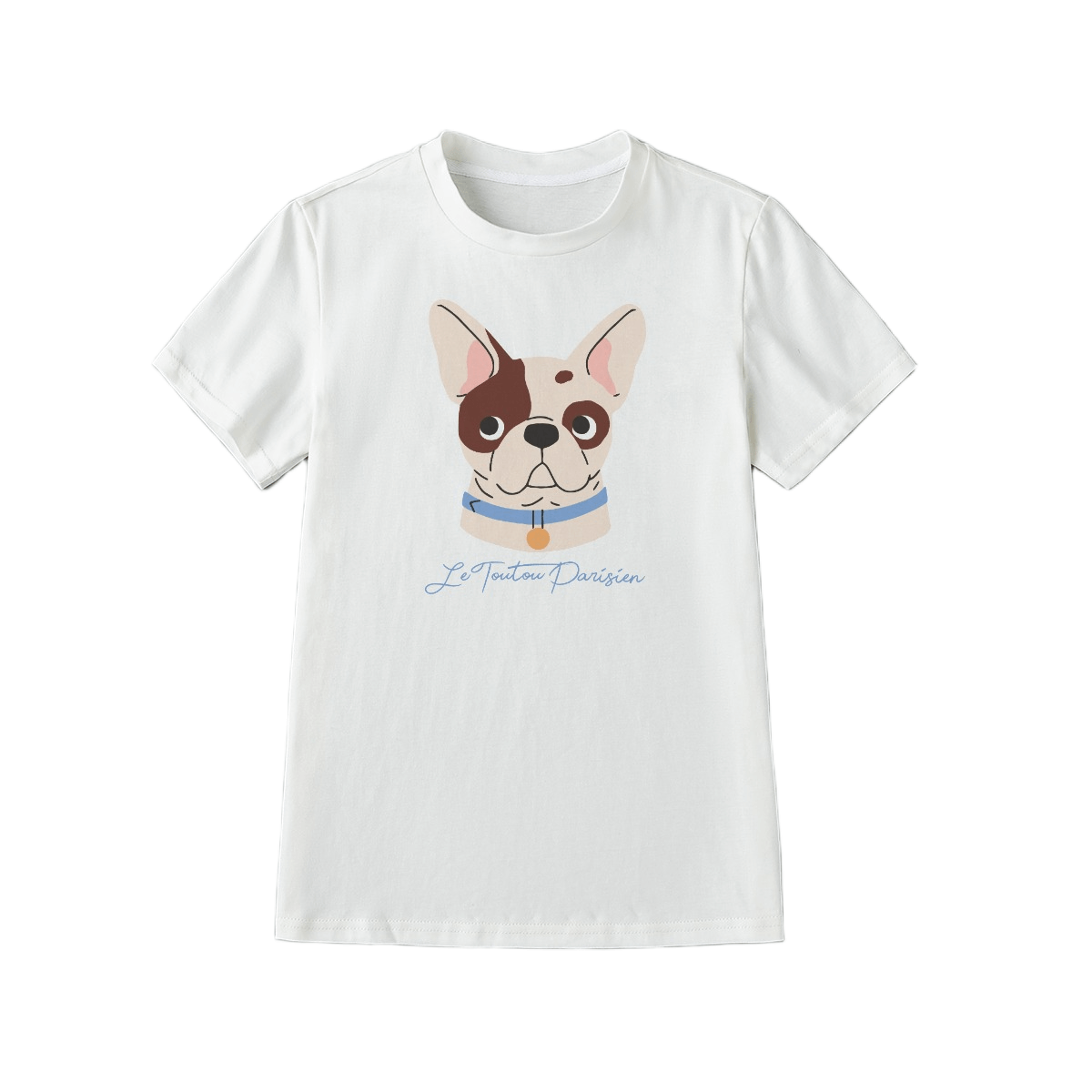 White t-shirt with a dog graphic and text on a white background