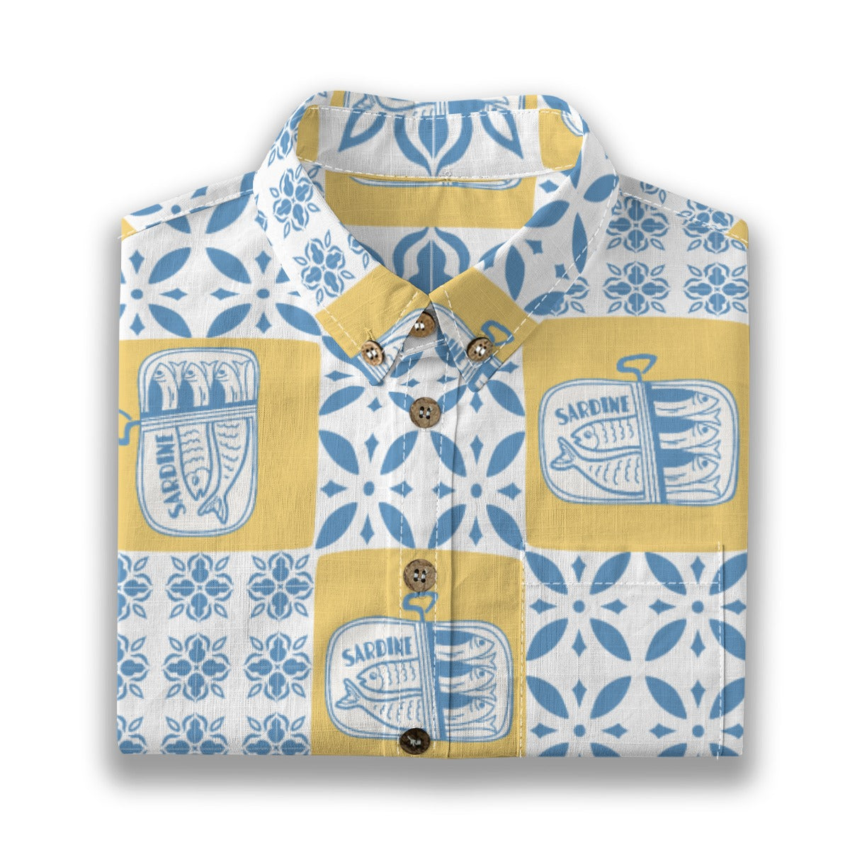 Sardine Shirt folded, showing yellow sardine tins and blue tiles