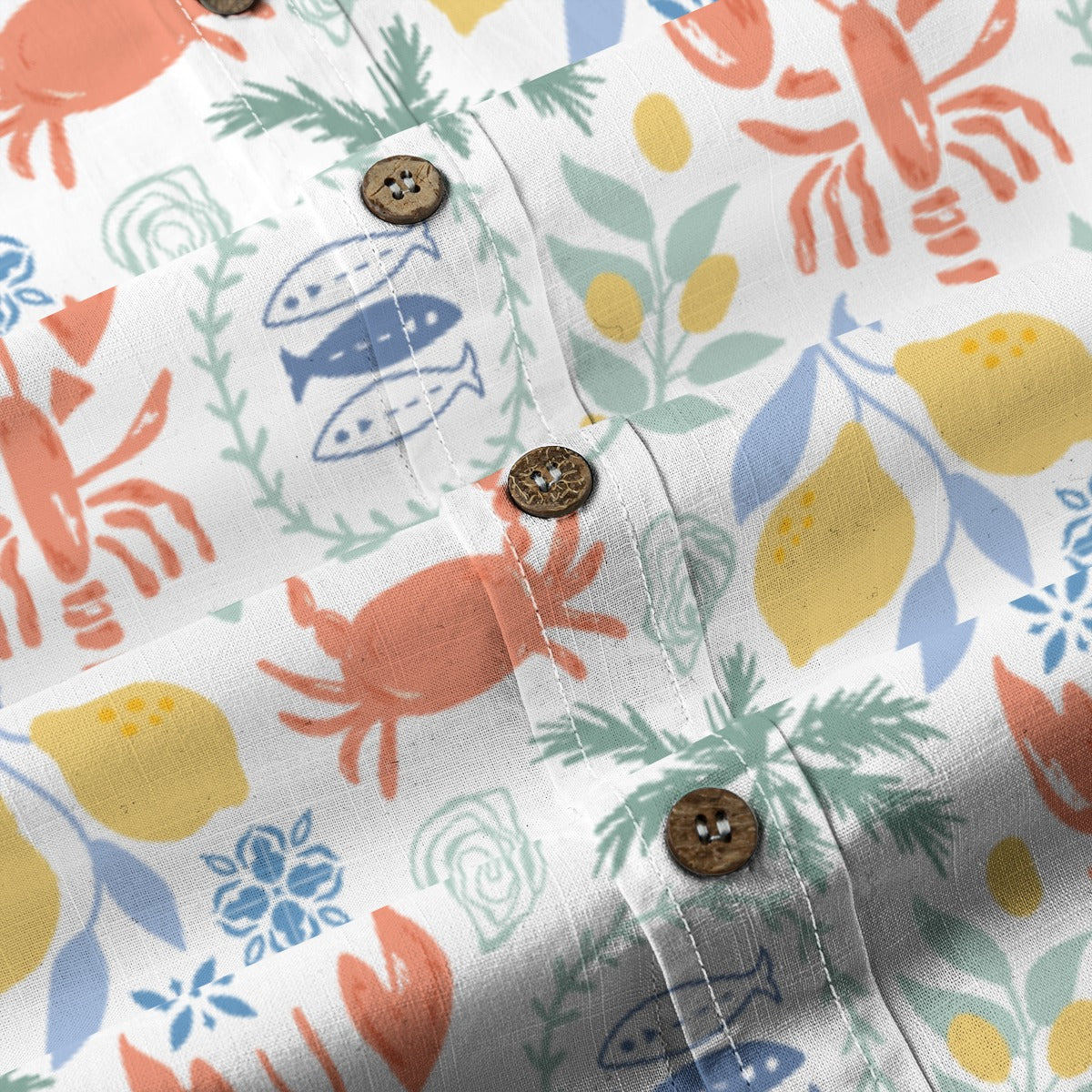Close-up of the Lobster and Lemon Shirt with crab, lemon and sardine print