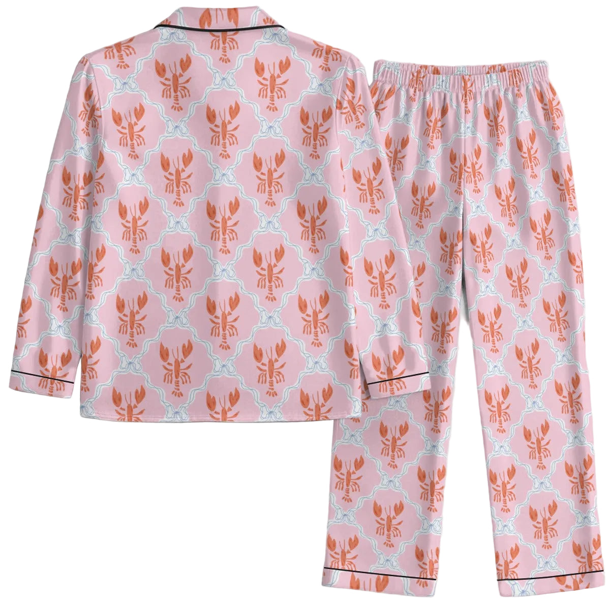 Pink pajama set with lobster pattern on a light white background