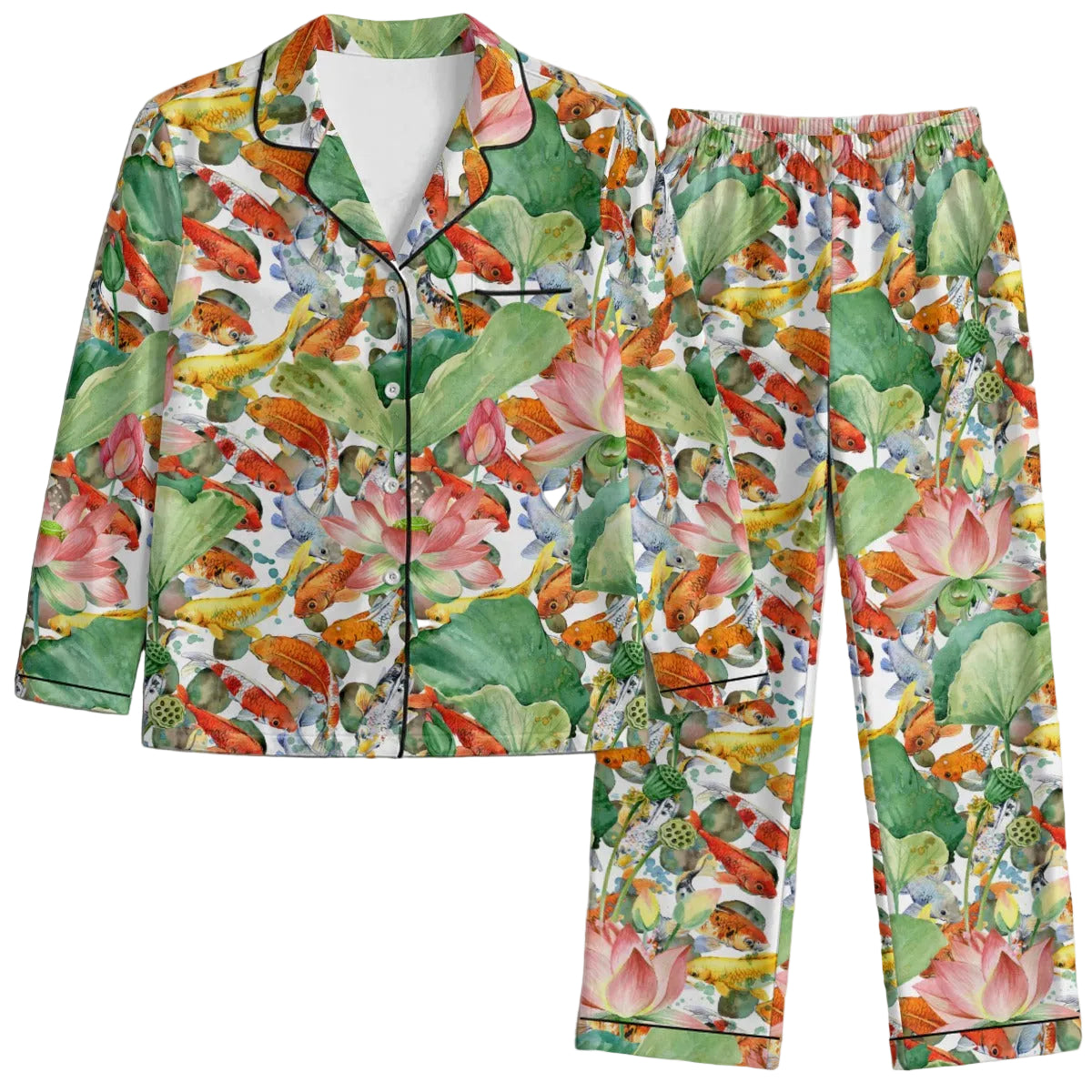 Colorful floral and fish patterned pajama set on a light gray background