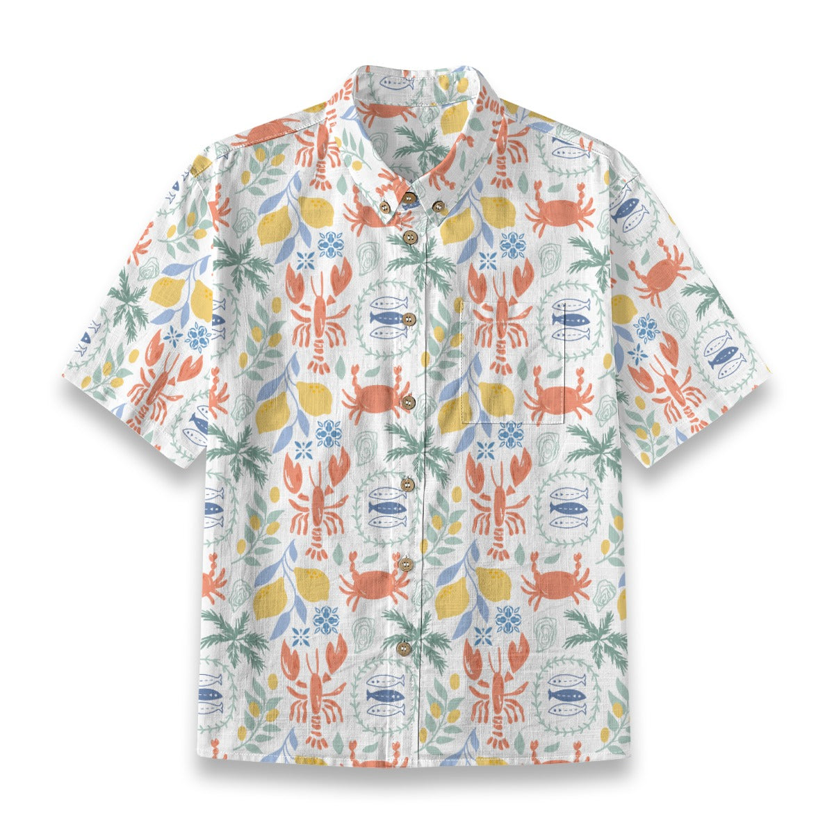 Lobster and Lemon Shirt flat lay, white boys shirt with coral lobsters, crabs, lemons and blue sardines