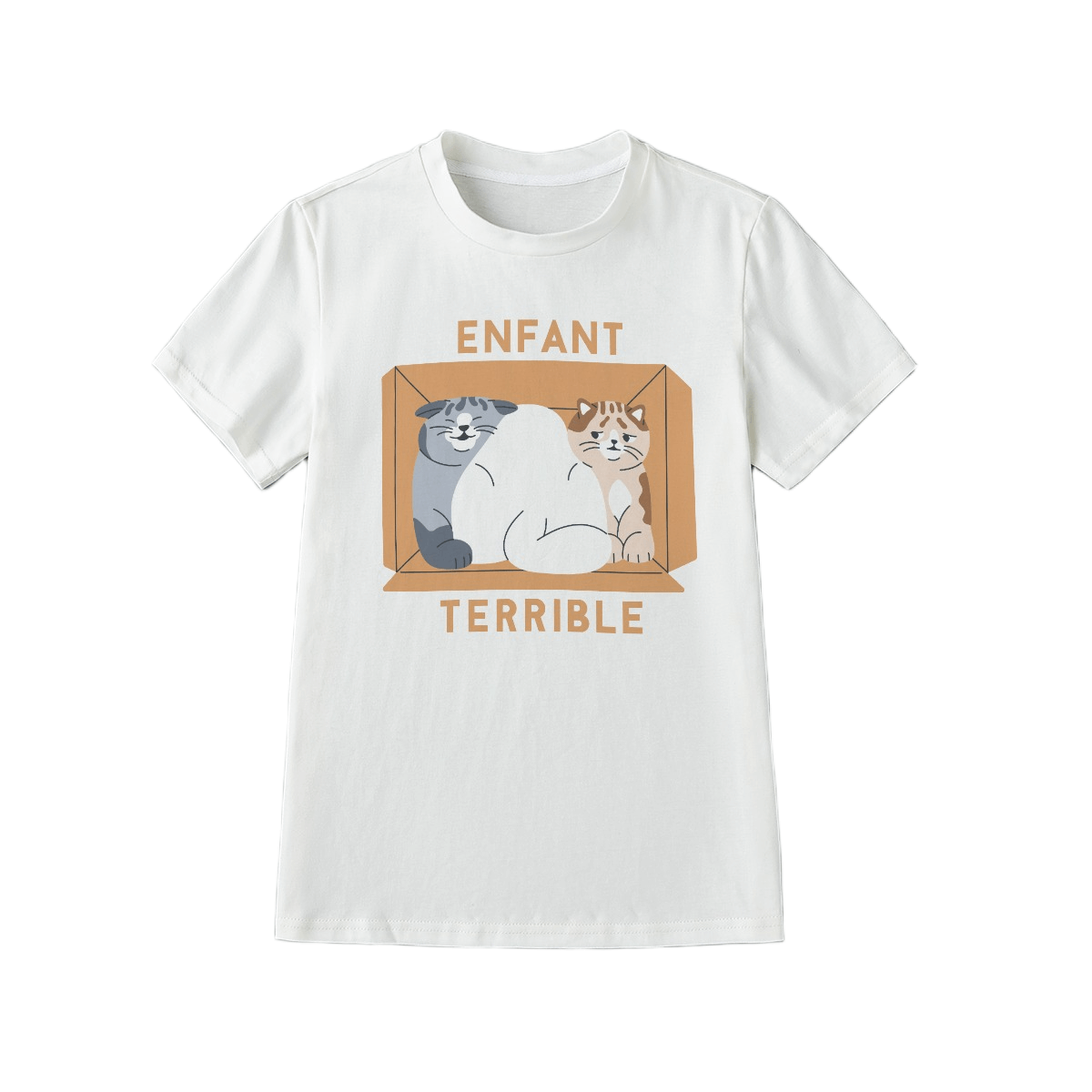 White t-shirt with cartoon cats and text on a white background