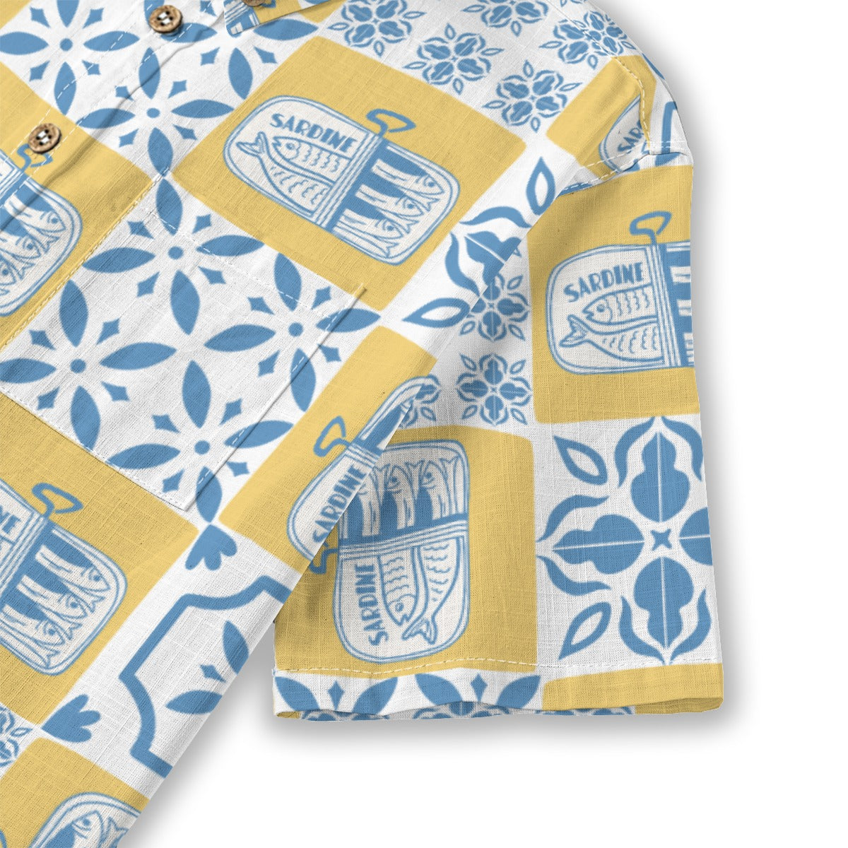 Sardine Shirt sleeve detail with sardine tins and blue tile pattern